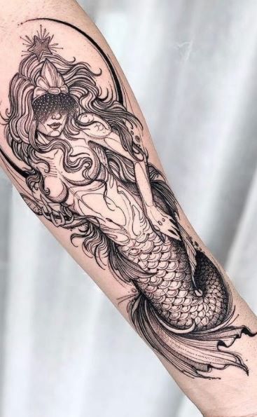 Mermaid Sketch Tattoo, Siren Tattoo Thigh, Virgo Mermaid Tattoo, Undine Tattoo, Scary Mermaid Tattoo, Mermaid Tattoo Men, Medusa Mermaid Tattoo, Mermaid Tattoo For Men, Naked Mermaid Tattoo