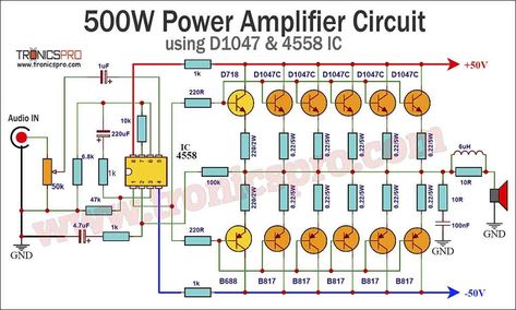 500W Amplifier Circuit Diagram using D1047 B817 & 4558 IC Amplifier Circuit Diagram, Power Amplifier Audio, Amplifier Design, Amplificatori Audio, Electronics Projects For Beginners, Stereo Amp, Hifi Amplifier, Mini Amplifier, Amplifier Audio