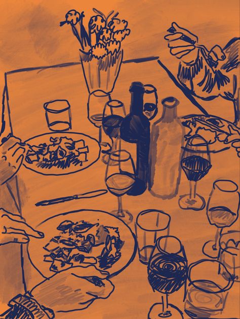 Digital illustration of a dinner party with wine bottles and glasses, pasta and hands enjoying with fork and knife. Blue ink on faded orange background. Party Sketch Illustration, Dinner Party Drawing, Rooftop Dinner, Party Drawing, Party Cartoon, Dinner Party, Boston, Instagram Profile, Motion