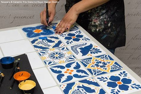 How to Stencil Video Tutorial - Decorating and Upcycling a Mexican Talavera & Ceramic Tile Table with Chalk Paint and Tile Stencils Tile Tables, Royal Design Studio Stencil, Stencils Tutorials, Tile Furniture, Mexican Talavera Tile, Talavera Tile, Tile Table, Tile Stencil, Stencil Furniture