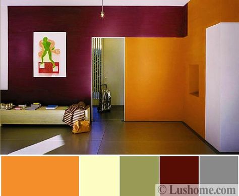 Stylish Fall Color Schemes for Interior Design and Decorating, Purple Colors Color Schemes For The Home, Modern Living Room Colors, Blue Bedroom Colors, Refresh Home, Pink Painted Walls, Modern Bedroom Colors, Orange Color Combinations, Fall Color Schemes, Pretty Homes