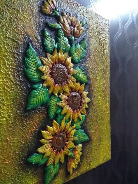 Check out this item in my Etsy shop https://www.etsy.com/listing/644172366/the-sunkissed-sunflower Clay Art On Canvas, Clay Fairy House, Texture Painting On Canvas, Wooden Magnets, Clay Fairies, Plate Crafts, The Sunflower, Art Competitions, Fairy House