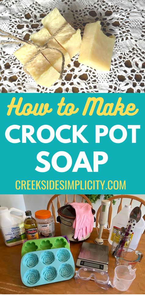 Have you ever wanted to learn how to make your own soap? Did you know you can make it in a crock pot? This simple, hot process soap can be made in about an hour. You'll need a few basic supplies and ingredients and you'll be off to the races! You'll be able to make soap for your family, and to give away as gifts. Crockpot Soap Making, Crockpot Soaps Recipes, Crock Pot Soap Making Recipes, Crockpot Soap, Hot Process Soap Recipes Crock Pots, Crock Pot Soap, Loofah Soap, Soap Making Recipes, Homemade Soap Recipes