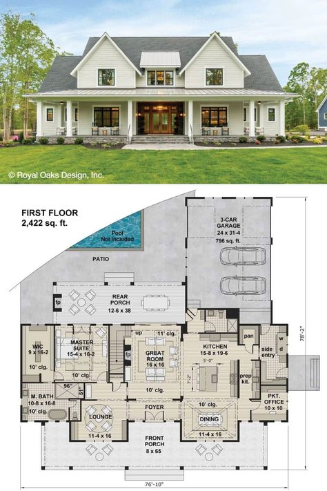 This 4-bedroom modern farmhouse is adorned with a symmetrical front façade with classic horizontal siding, stone skirting, twin gables, and a shed dormer sitting above the expansive front porch. Symmetrical House Plans, Farmhouse With Loft, Stone Skirting, Porch Floor Plan, Dormer House, Gable House, Porch Floor, Shed Dormer, Farmhouse Floor Plans