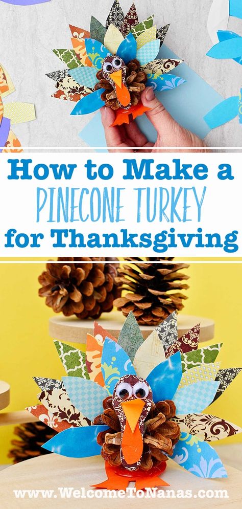 A Pinecone Turkey for Thanksgiving is a classic craft for kids! All ages will love adding a fanned tail to their turkey pinecones. #WelcometoNanas #PineconeTurkey #TurkeyCraft #ThanksgivingDecoration Pinecone Turkey Craft For Kids, Pine Cone Thanksgiving Crafts, Pinecone Turkeys Kids, Pinecone Thanksgiving Crafts, Turkey Pinecone Craft For Kids, How To Make A Turkey Craft, Pinecone Turkey Craft, Pine Cone Turkey, Turkey Pinecones