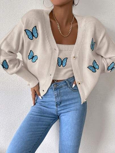 Butterfly Sweater, Shoulder Cardigan, Drop Shoulder Cardigan, Pullover Outfit, Butterfly Embroidery, Dream Style, 자수 디자인, Button Front Cardigan, Co Ords