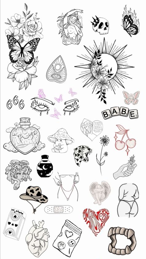 Tattoo board #myfirstshuffle Small Tattoos Dark, Dark Small Tattoos, Cute Halloween Tattoos, Tattoo Board, Tattoo Flash Sheet, Discreet Tattoos, Halloween Tattoos, S Tattoo, Tattoo Stencils