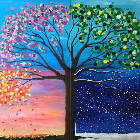 All Seasons Painting, Four Seasons Acrylic Painting, Spring Summer Fall Winter Painting, Painting Four Seasons, Acrylic Painting Seasons, Summer Winter Autumn Spring Four Seasons, Winter Spring Summer Fall Art, Seasons Painting Ideas, Spring Summer Autumn Winter Art