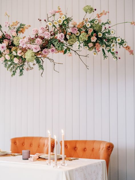 Hanging Floral Installation Over Head Table, Hanging Flowers From Ceiling, Hanging Floral Installation, Hanging Flower Arrangements, Whimsical Florals, Hanging Florals, Ceiling Options, Floral Installation, Madison Wedding