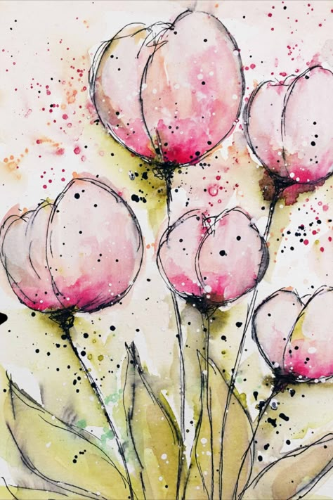 simple splashes turned into flowers ! Watercolour Tulips Easy, Watercolor Flower Art For Beginners, Watercolor Tulips Easy, Watercolour Inspiration Simple, Watercolor Doodles Easy, Watercolour Flowers Simple, February Watercolor, Boho Watercolor Painting, Watercolor Flowers Easy