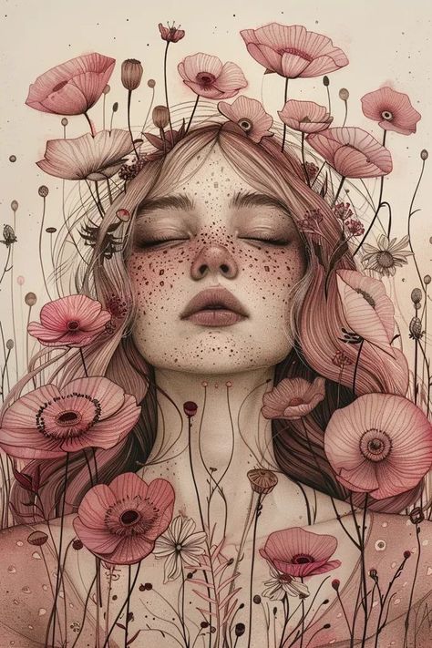 Face Flowers Drawing, Illustration Art Digital, Digital Art Inspiration, Painting Female, Flower Woman, Female Face Drawing, Child Baby, Ideas Creative, Reference Photos