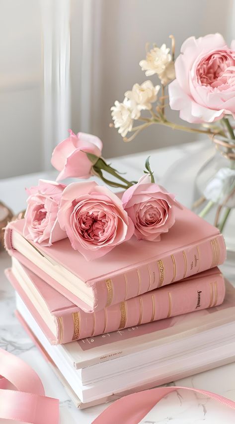 Save & follow for more aesthetic inspiration! Discover the serene beauty of soft pastel pinks in this elegant scene. A stack of hardcover books topped with delicate pink roses on a white marble surface creates a calming atmosphere. Perfect as a sophisticated art print or to spark your own creative arrangements. Let this stylish setup elevate your space with a touch of modern elegance. #ArtPrint #HomeDecor #Aesthetic #ElegantDesign #PinkRoses #PastelVibes #ModernElegance #ImagePrompt #AIimage Pink Book Aesthetic Wallpaper, Soft Pink Aesthetic Wallpaper Ipad, Pink Books Aesthetic, Pink Book Aesthetic, Pink Roses Aesthetic, Focus Background, Girlie Aesthetic, Feminine Decor, Pink Business