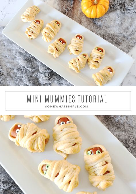 Mummy Hot Dogs are a hit with kids and Halloween party guests! They're a festive Halloween treat that's simple to make and delicious too! They're super easy to make by wrapping hot dogs in some crescent roll dough. They make the perfect Halloween snack or lunch recipe. via @somewhatsimple Mini Hot Dog Mummies, Mummy Mini Hotdogs, Mini Mummy Dogs, Hot Dog Mummies Crescent Rolls, Halloween Mummy Hotdogs, Mummy Dogs Recipe Crescent Rolls, Mummy Hotdogs Crescent Rolls, Mummy Hotdogs, Mummy Hot Dogs Recipe