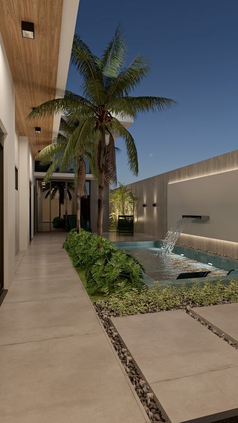 Área de lazer de casa em L, com todos os quartos voltados para piscina Area Piscina, Backyard With Pool, Mediterranean House Designs, Japan House Design, Dream Backyard Pool, Pool House Designs, Pool Landscape Design, Mini Pool, Front Yard Design