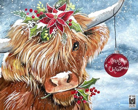 Christmas Highland Cow Painting, Simple Highland Cow Painting, Christmas Cow Pictures, Christmas Cow Painting, Christmas Sip And Paint Ideas, Critter Drawing, Country Doodles, Highland Cow Drawing, Christmas Cows