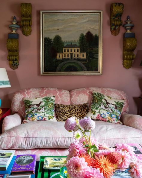 Brown Interiors, Sarah Brown, Solid Oak Table, Pink Sofa, Beautiful Rooms, Brown Interior, Saratoga Springs, Up House, Pink Room