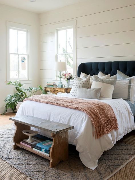 Shiplap has become a hugely popular wall paneling idea that adds interest and character to any room. Although it's most closely associated with farmhouse style, shiplap walls aren't limited to rustic designs. #accentwallideas #wallpanelingideas #accentwall #bhg Blue And Pink Bedroom, Modern Bedroom Colors, White Wall Bedroom, Country Style Interiors, White Rooms, Creative Wall, Ship Lap Walls, Bedroom Colors, Cozy Bedroom