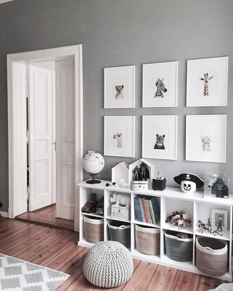 Grey and white bedroom decor playroom. Cube bookshelves for heaps of storage for toys anf kids books. Love the baskets. Framed prints. Boys bedroom idea. Reading Corners, Statement Chandelier, Vibrant Personality, White Bedroom Decor, Cube Bookcase, Decor Elements, غرفة ملابس, Toddler Bedrooms, Gray Bedroom