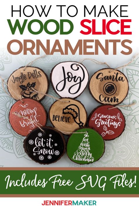 Wood Round Ornaments Vinyl, Woodland Christmas Ornaments Diy, Homemade Wooden Ornaments, Wooden Slices Ideas Christmas, Cricut Wood Ornaments, Wood Circle Ornaments Diy, Cricket Ornaments, Wood Round Christmas Ornaments, Round Wooden Christmas Ornaments