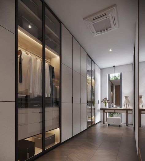 Walk In Wardrobe Modern, Dressroom Ideas, Modern Walk In Wardrobe, Walk In Closet With Vanity, Dream Closet Design, Walk In Closet Design, Closet Design Layout, Wardrobe Door Designs, Luxury Closets Design