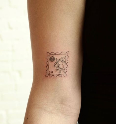 Arm Dainty Tattoo, Tiny Stamp Tattoo, Dainty Stamp Tattoo, Feminine Upper Arm Tattoo, Italian Stamp Tattoo, Tiny Apple Tattoo, Peach Stamp Tattoo, Stamp Tattoo Fine Line, Italian Style Tattoos