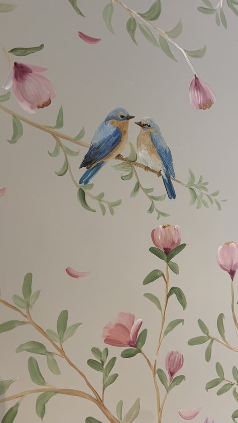 Bird Mural Wall, Hand Painted Walls Flowers, Bedroom Murals Painted, Wall Painting Ideas Bedroom Unique, Bird Mural, Bird Painting Acrylic, Birch Tree Art, Bedroom Murals, Print Design Art