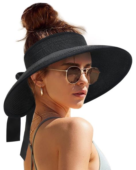 PRICES MAY VARY. Sun Hat Women - This wide brim women sun hat is made of high quality paper straw, light weight, breathable and comfortable, functional and stylish Wide Brim Visor for Women - Sun straw hat with wide brim(4.7inch) for blocking out the sunlight, gives you great sun protection all over the face and neck, protection against direct skin exposure to harmful sun UV Rays – perfect for the beach, hiking, camping, gardening, and other outdoor activities Open-top Design Sun Visor - If you Sun Hats For Women Beach, Visors For Women, Italian Hat, Hat Ponytail, Straw Visor, Black Bucket Hat, Sun Visor Hat, Running Hats, Visor Hat