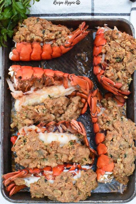 Seafood Stuffing, Baked Stuffed Lobster, Baked Lobster, Stuffed Lobster, Lobster Recipes Tail, Bbq Recipe, Lobster Dinner, Clam Bake, Lobster Recipes