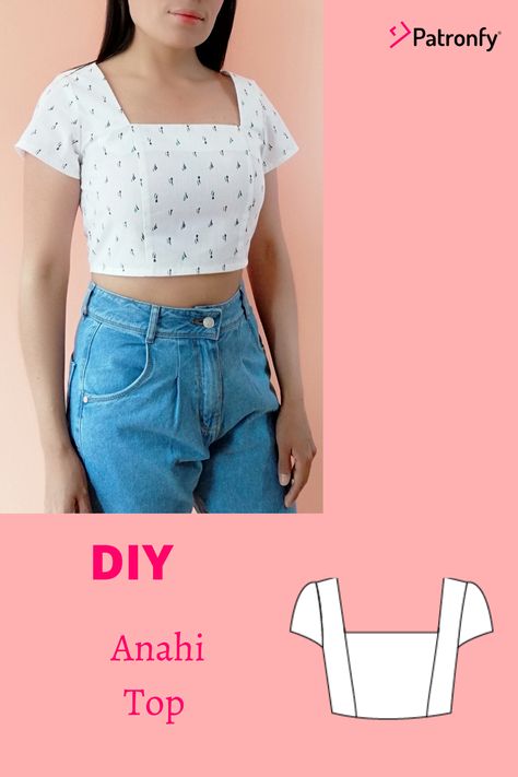 Square Neckline Top Pattern, Simple Crop Top Sewing Pattern, Diy Top Aesthetic, Simple Crop Top Designs, Square Neck Top Pattern Sewing, Crop Top Pattern Sewing Free, Patron Crop Top Couture, How To Make Crop Tops Diy, Making A Crop Top