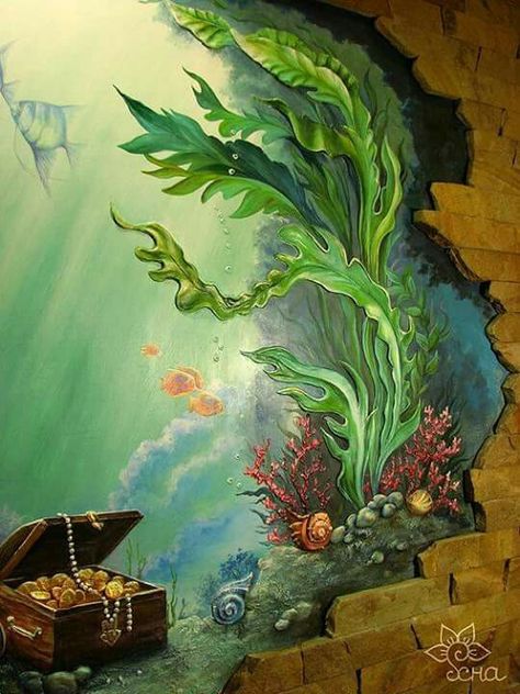 Ocean Mural Painting, Mermaid Mural, Sea Murals, Ocean Mural, Drywall Art, Underwater Painting, Underwater Art, Deco Nature, 3d Painting