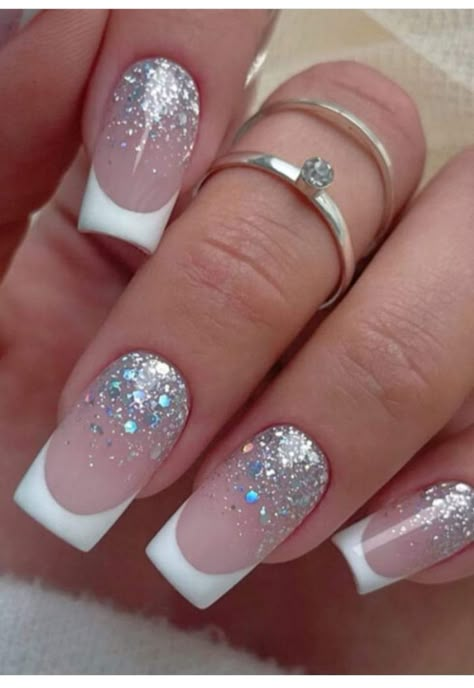 Nude And Glitter Nail Designs, Sns Nail Ideas, French Nails Glitter, Anniversary Nails, Pretty Nail Ideas, Glitter French Nails, New Years Nail, Wedding Nail Designs, Pink Nail Art Designs