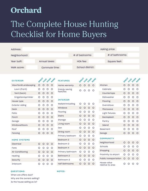 The Complete House Hunting Checklist | Free Printable List for Buyers - Orchard Real Estate Checklist Free Printable, House Hunting Checklist Free Printable, House Buying Checklist, Buying A House Checklist, Apartment Hunting Checklist, Hunting Checklist, House Hunting Checklist, Nursing Ideas, House Buying