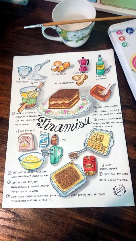 Collage Food Recipes, Recipe Book Design Ideas, Illustrated Recipe Book, Recipe Aesthetic Book, Recipe Book Illustration, Cook Book Design Diy, Tiramisu Drawing, Tiramisu Illustration, Recipe Journal Ideas Layout