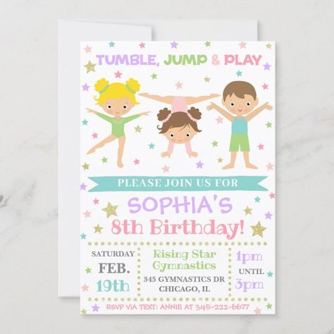 Gymnastics Invitation | Gymnastics Birthday Invite - tap, personalize, buy right now!  #gymnastics #invitation, #birthday, #invite, #girl Gymnastics Invitations, Gymnastics Birthday Invitations, Boys Gymnastics, Gymnastics Party, Birthday Invitation Card Template, Gymnastics Birthday, Kids Gymnastics, Gymnastics Gifts, Birthday Invite