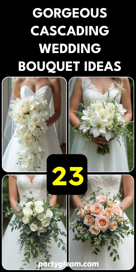 Planning your dream wedding? Take a peek at these 23 gorgeous cascading wedding bouquet ideas that are sure to leave your guests amazed! From elegant white floor-length bouquets to whimsically vibrant designs featuring eucalyptus and garden roses, there's something for every style and theme. Transform your special day with classic cascades, like those with lush clematis or lovely lilies. Explore these stunning inspirations that not only amplify your bridal look but also add a unique touch to your vows. Make your big day unforgettable with the perfect floral arrangement! Flowy Bridal Bouquets, Bougainvillea Bouquet, Wedding Bouquets Ideas, Orchid Bouquet Wedding, Bouquets Ideas, Petite Bride, Wedding Bouquet Ideas, Wildflower Wedding Bouquet, Cascading Bridal Bouquets