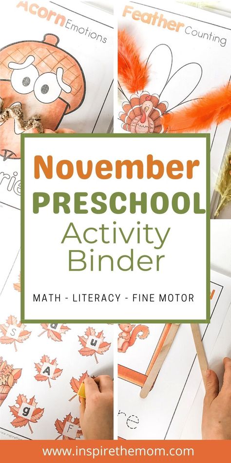 Looking for a few November activities to do with your preschooler? Check out these ten fun, fine-motor, math, and literacy games! #November preschool #Preschool activity binder #preschool activities #November math #November preschool literacy #literacy activities #preschool at home #fine motor activities #November fine motor activities #Thanksgiving Preschool #preschool Thanksgiving #Thanksgiving activities for preschool #November preschool #preschool printable November Activities For Preschoolers, Prek November Activities, November Activities For Preschool, October Preschool Activities, Preschool Activity Binder, November Preschool Activities, Bilingual Preschool, Preschool November, November Themes