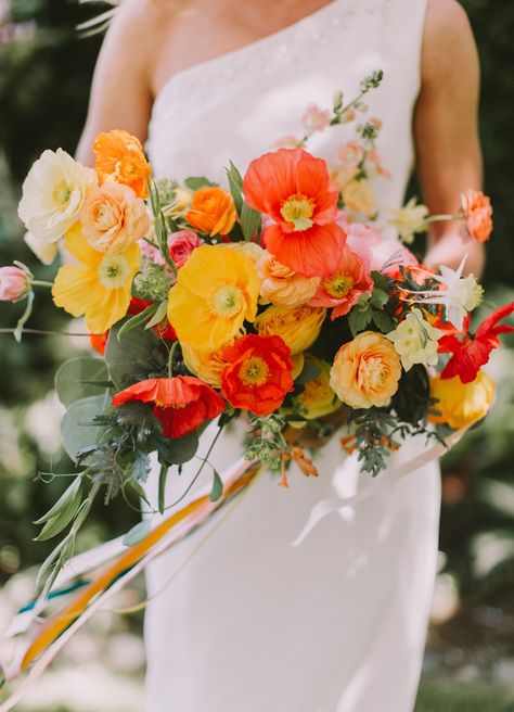 Our Favorite Bouquets from 2017 - poppy yellow and orange #bouquet #weddingbouquet #bouquetinspiration #weddingshoes Yellow Bridal Bouquets, Poppy Bouquet, Orange Bouquets, Chic Vintage Brides, Summer Wedding Bouquets, Wedding Flowers Summer, Have Inspiration, Orange Wedding, Colorful Wedding