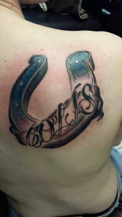 My boyfriends Colts tattoo. This came out awesome thanks to Charlie Smith at 5 Point Tattoo Colts Tattoo, Point Tattoo, Fish Tattoos, Jesus Fish Tattoo, Tattoos, Quick Saves