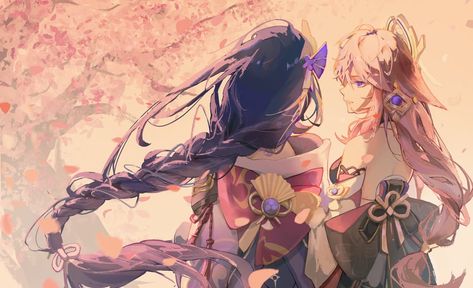 Ei And Miko, Raiden Shogun And Yae Miko, Miko Genshin Impact, Miko Genshin, Raiden Shogun, Yae Miko, Fantasy Rpg, Anime Couples Drawings, Phone Themes