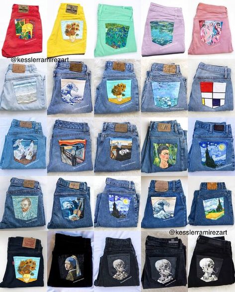 Painting Supplies List, Denim Painting, Paint Denim, Painting 101, Painted Clothes Diy, Color Jeans, Denim Art, Jeans Collection, Painted Jeans