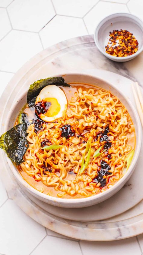 Spicy Ramen Ramen Soup Recipes Authentic, Elevated Top Ramen, Spicy Chicken Ramen Recipes, Ramen With Salmon, Ichiran Ramen Recipe, Trader Joe’s Ramen, Creamy Ramen Broth, One Pot Ramen, Easy Spicy Ramen