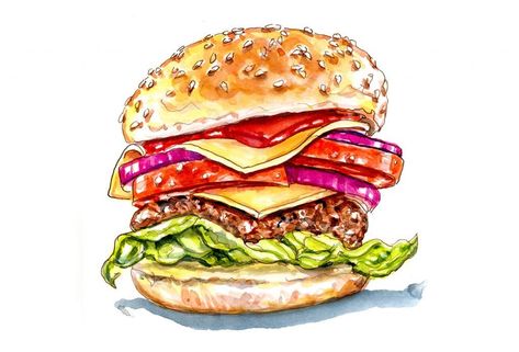 Cheeseburger Day Food Painting Watercolor, Burger Painting, Burger Art, Juicy Burger, Painting Food, Food Art Painting, 귀여운 음식 그림, Food Wall Art, Food Artwork