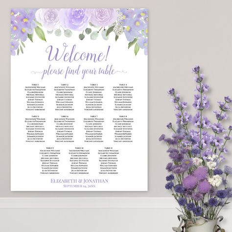 11 Table Lavender Boho Roses Wedding Seating Chart  Zazzle Plum Color Scheme, Plum Wedding Invitations, Lavender And Lilac, Plum Wedding, Boho Chic Design, Script Calligraphy, Watercolor Roses, Roses Wedding, Table Wedding