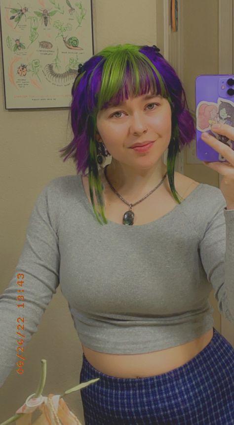 Green Stripes Hair, Purple To Green Hair, Green Raccoon Tail Hair, Neon Green And Purple Hair, Purple And Green Hair Short, Two Tone Green Hair, Purple And Green Split Dye, Purple Raccoon Tail Hair, Raccoon Tail Hair Short