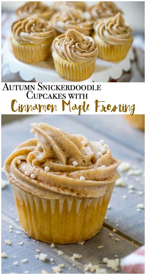 Easy Snickerdoodle Cupcakes, Easy Fall Themed Cupcakes, Snickerdoodle Cupcakes Recipe, Snicker Doodle Cupcakes Recipes, Gluten Free Snickerdoodle Cupcakes, Snickerdoodle Cupcakes Box Cake, White Cupcakes Aesthetic, Fall Baking Cupcakes, Frosting Cupcakes Techniques