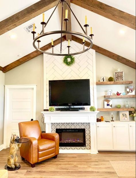 Tv Over Fireplace Vaulted Ceiling, Tv Wall Design Vaulted Ceiling, Fireplace And Floating Shelves, Vaulted Ceiling Living Room Fireplace, Floating Shelves By Fireplace, Fireplace With Vaulted Ceiling, Master Fireplace, Fireplace Vaulted Ceiling, Living Remodel