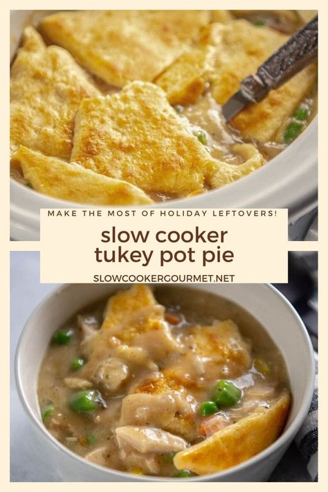 This Slow Cooker Turkey Pot Pie is so good it will have you making enough for leftovers on purpose! Use your leftover turkey, gravy plus just 3 other ingredients for the easiest and most delicious pot pie filling ever! #slowcooker #turkeypotpie #leftovers #thanksgiving Turkey Pot Pie Soup, Pot Pie Recipe Easy, Slow Cooker Chicken Pot Pie, Turkey Pot Pie Recipe, Pot Pie Filling, Recipe Using Chicken, Turkey Pot, Pot Pie Soup, Crockpot Turkey