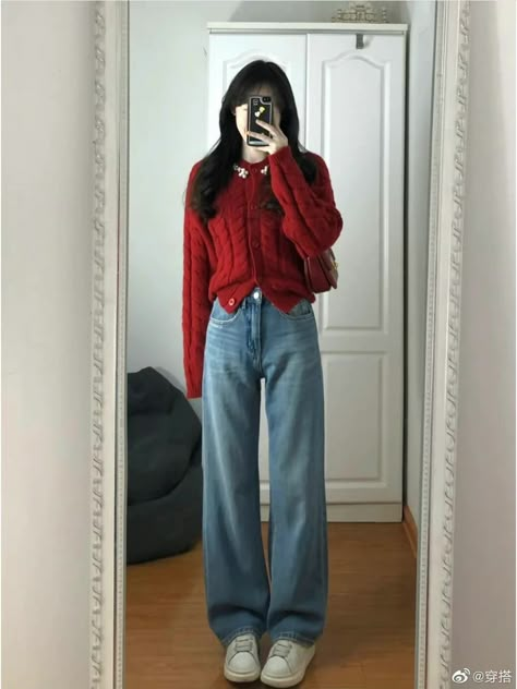 Red And Jeans Outfits, Red Cardigan Outfit Korean, Red And Blue Outfit Aesthetic, Navy Blue And Red Outfit, Cherry Red Clothes, Red Cardigan Outfit Aesthetic, Aesthetic Winter Outfits Korean, Cherry Outfit Ideas, Navy Ootd