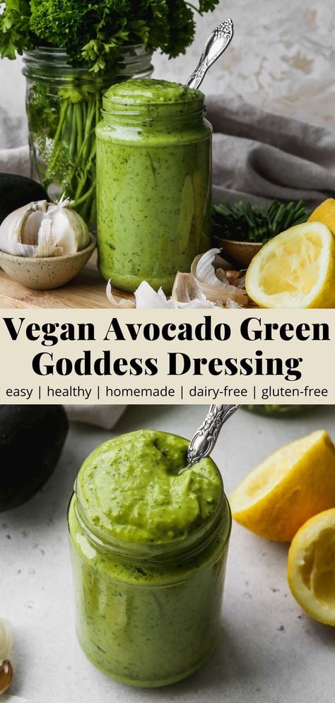 This avocado green goddess dressing is filled with nourishing, healthy fats and fresh herbs. It adds a creamy texture and refreshing flavour to SO many different dishes! Recipe is vegan, gluten-free, and incredibly quick + easy to make. Vegan Salad Dressing Recipes, Goddess Dressing Recipe, Salad Dressing Recipes Healthy, Vegan Salad Dressing, Vegan Dressing, Goddess Dressing, Green Goddess Dressing, Salad Dressing Recipes Homemade, Vegan Sauces