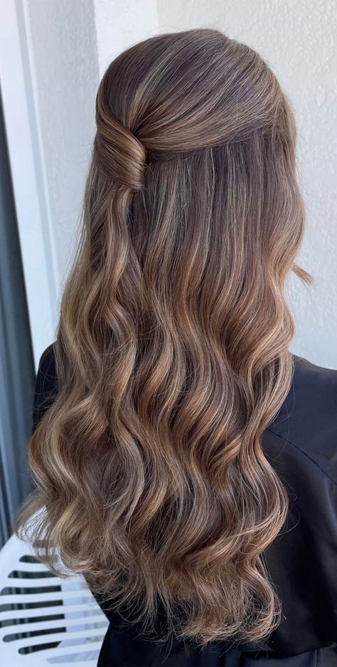 half up half down hairstyle, half up hairstyle, half up half down hairstyle ideas, half up medium length, half up long hair, simple half up Half Up Half Down Prom, Curly Pixie Hairstyles, Dance Hairstyles, Shoulder Hair, Long Hai, Half Up Half Down Hair, Half Up Hair, Hair Game, Wedding Hair And Makeup